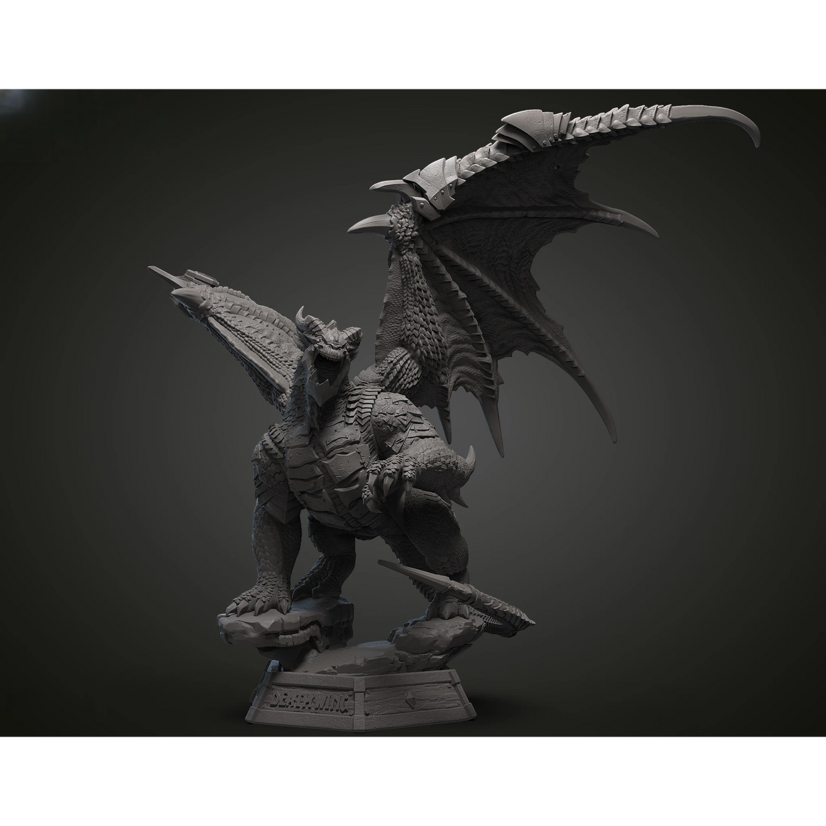 Magicland 3D WOW Deathwing figürü, detaylı zırhlı kanatları, pençeleri ve heybetli duruşuyla bir kaya üzerinde.