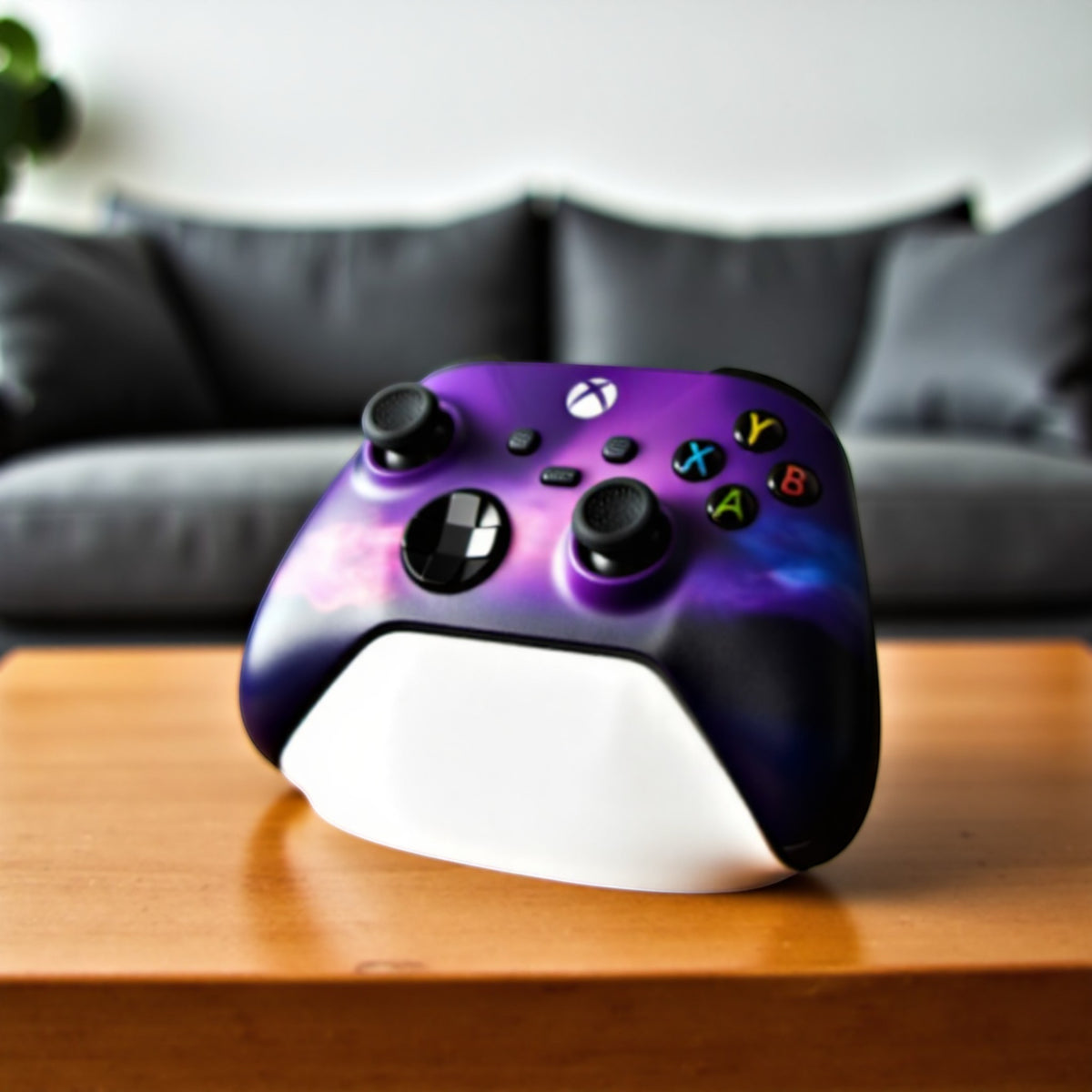 Magicland 3D mor galaksi desenli Xbox oyun kolu standı. Gaming setup'ı için ideal.