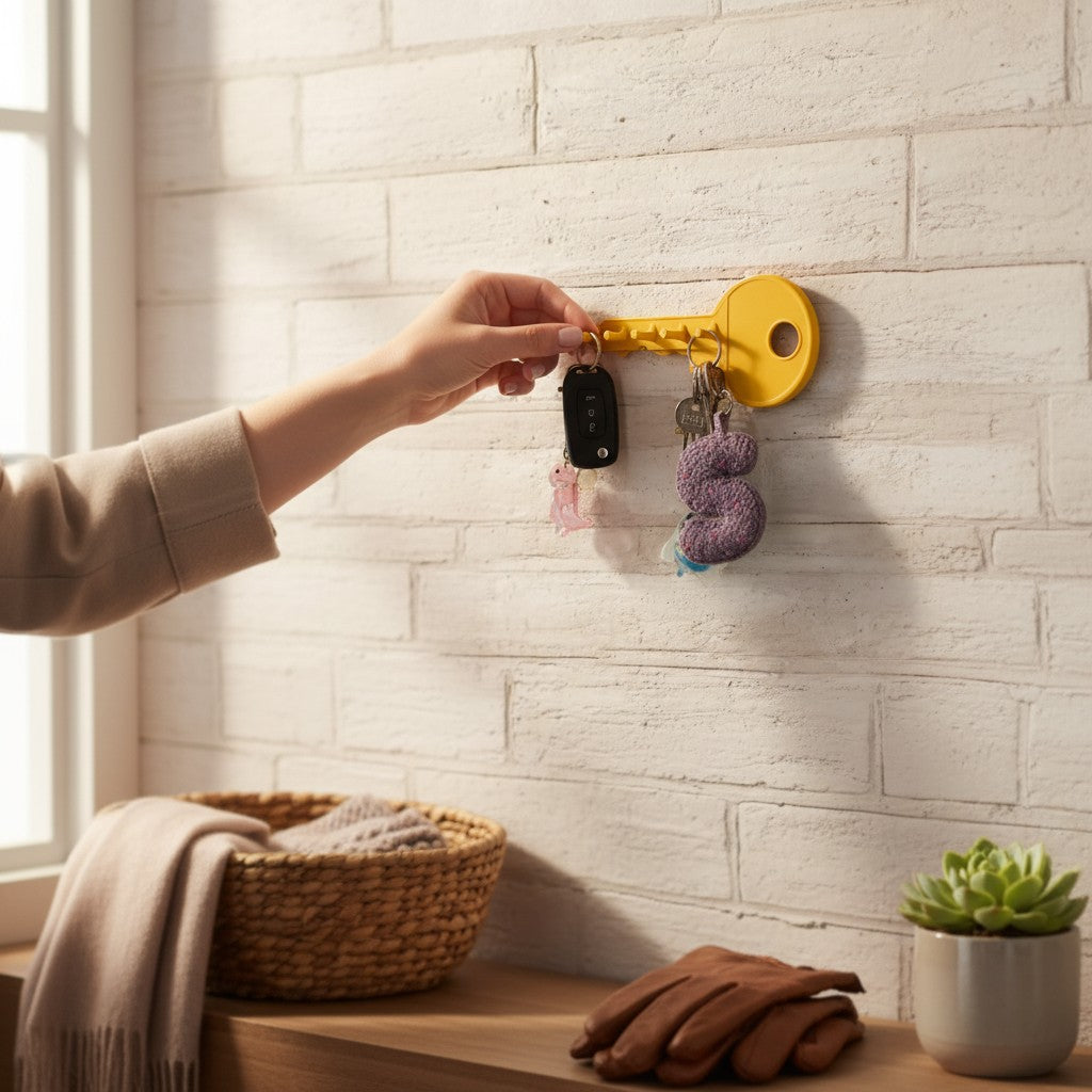 Magicland 3D yellow key-shaped wall key holder with 5 hooks, holding car keys and decorative keychains.