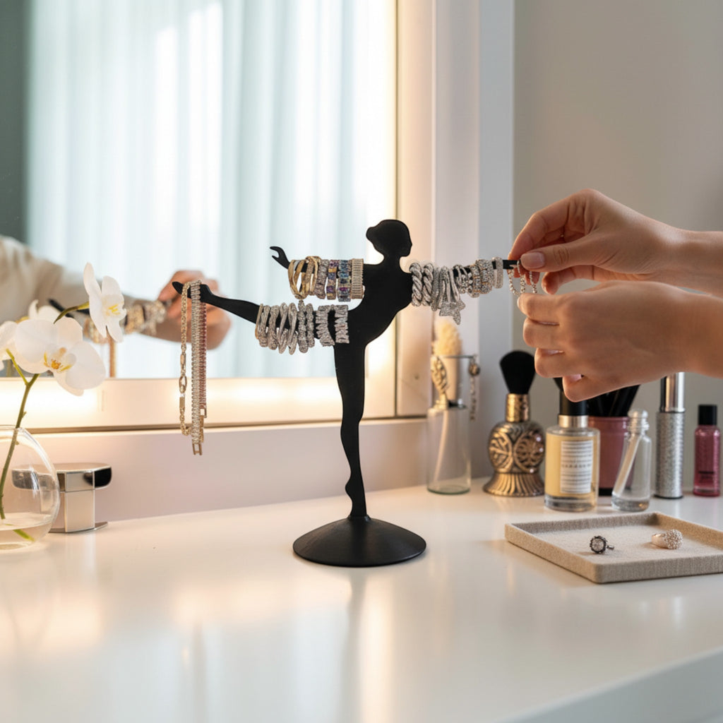 Magicland 3D black ballerina jewelry stand holding bracelets and necklaces, perfect for organizing accessories.