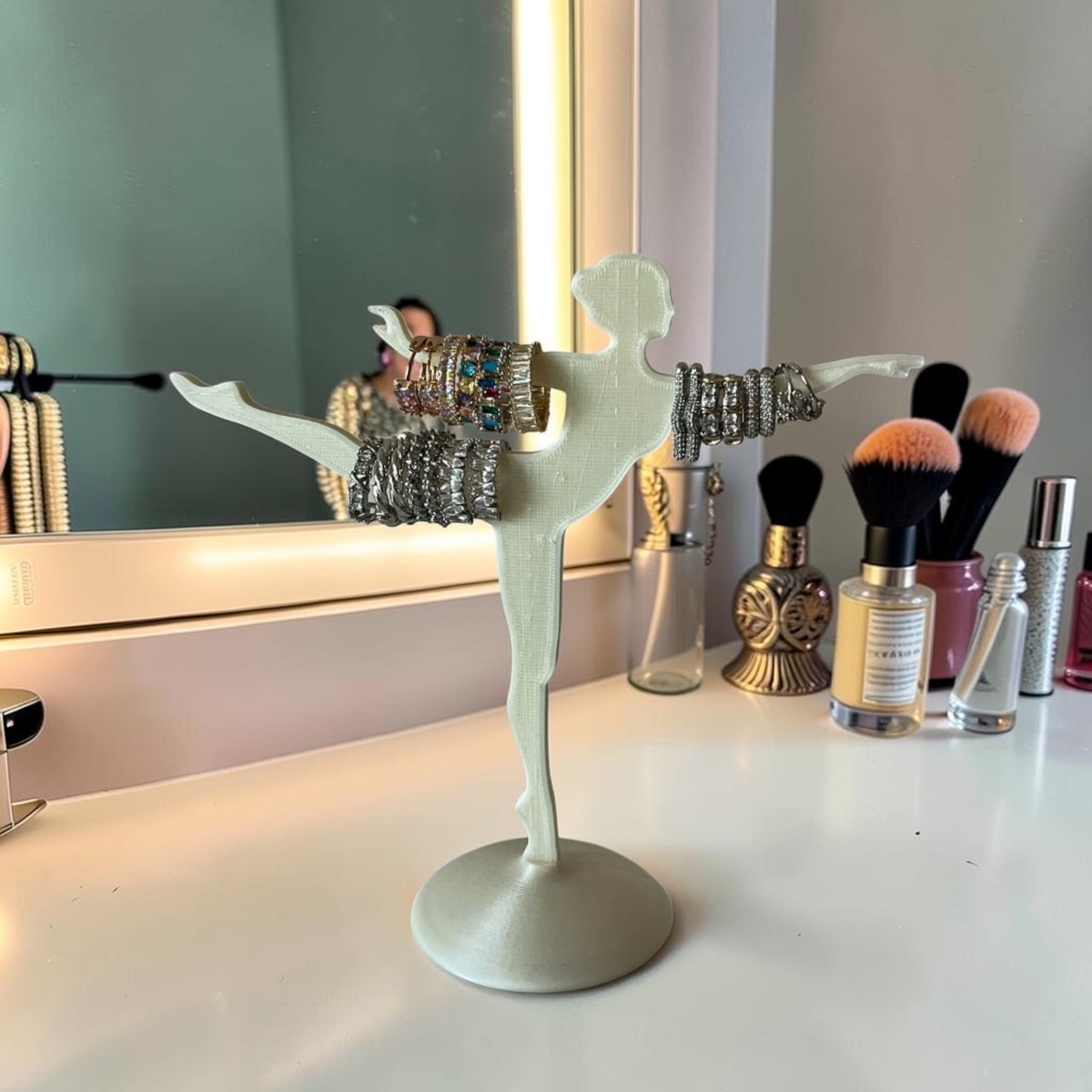 Magicland 3D white ballet dancer jewelry stand holding bracelets and rings. Decorative ring holder.