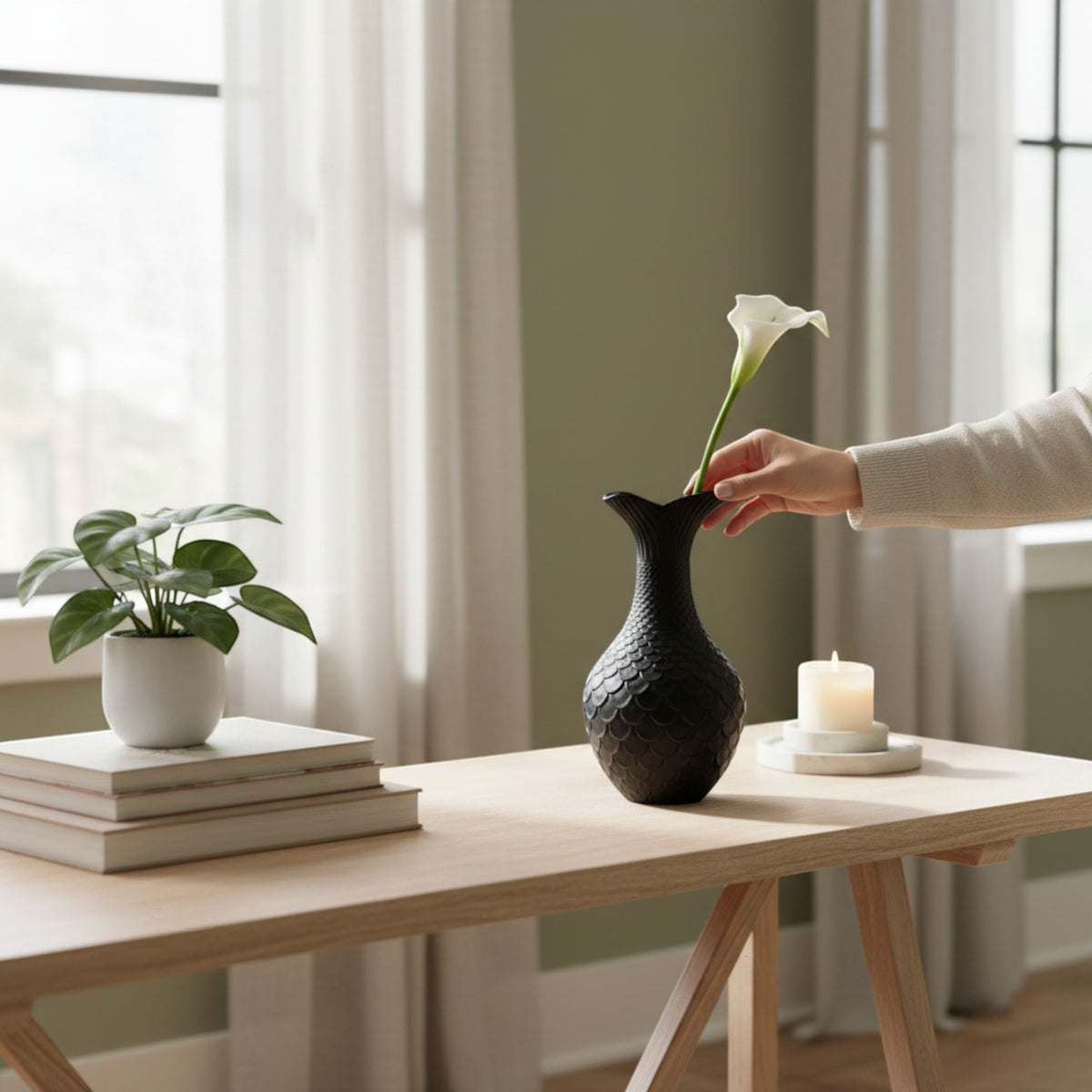 Magicland 3D black decorative vase with a fish scale design, holding a white calla lily.