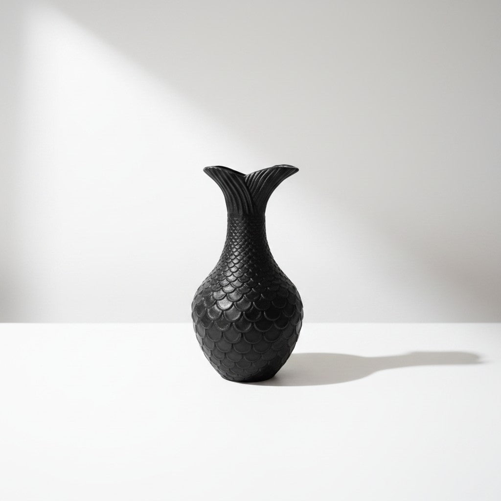 Magicland 3D black decorative vase with a mermaid tail design and scale texture.