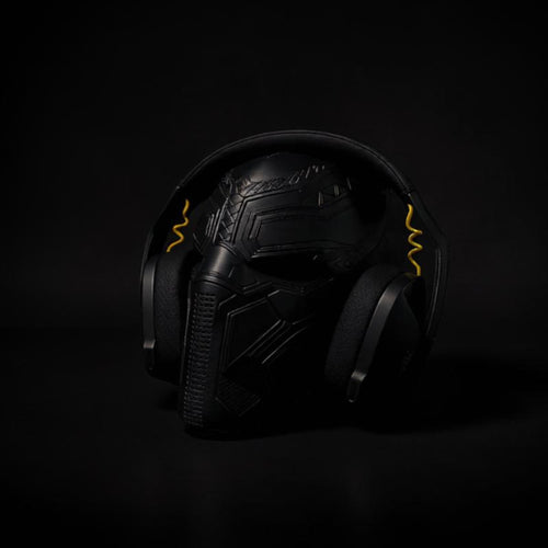 Magicland 3D Black Panther mask headphone stand with yellow accents, ideal for gaming setups.
