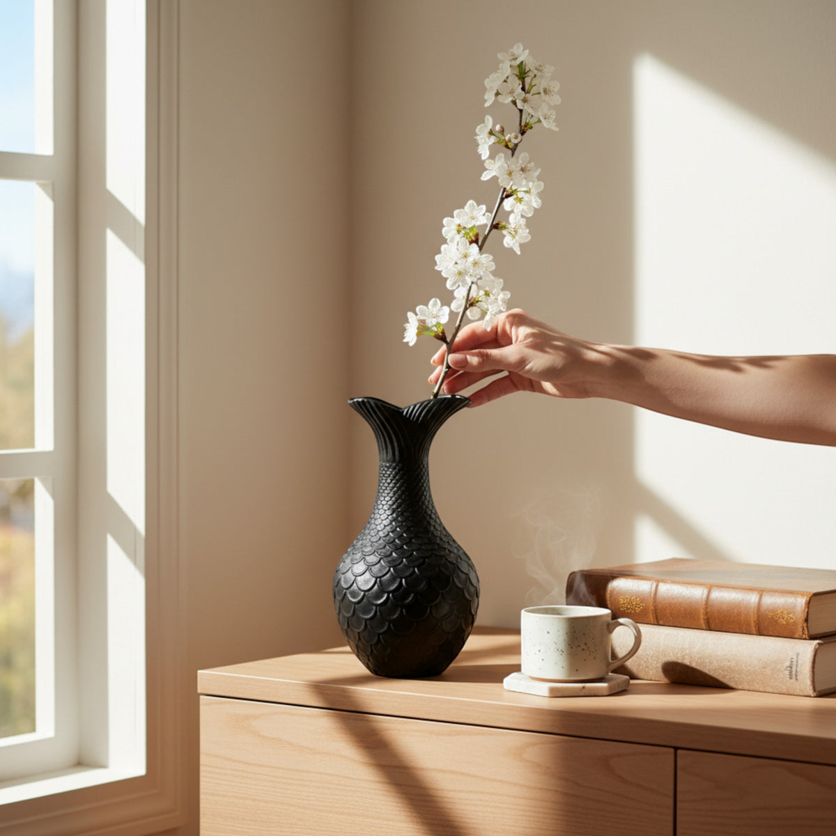 Magicland 3D black decorative vase with a textured scale pattern, holding a branch with white blossoms.
