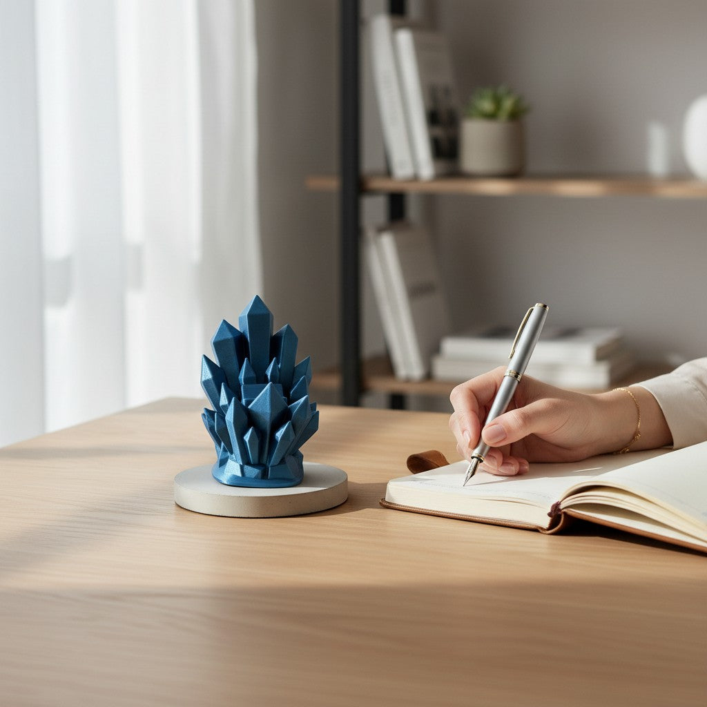 Magicland 3D blue metallic crystal-shaped decorative stand for rings or small items.