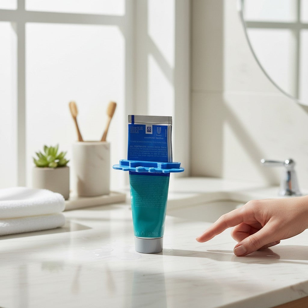 Magicland 3D blue plastic toothpaste dispenser with a pig design, holding a toothpaste tube on a bathroom counter.