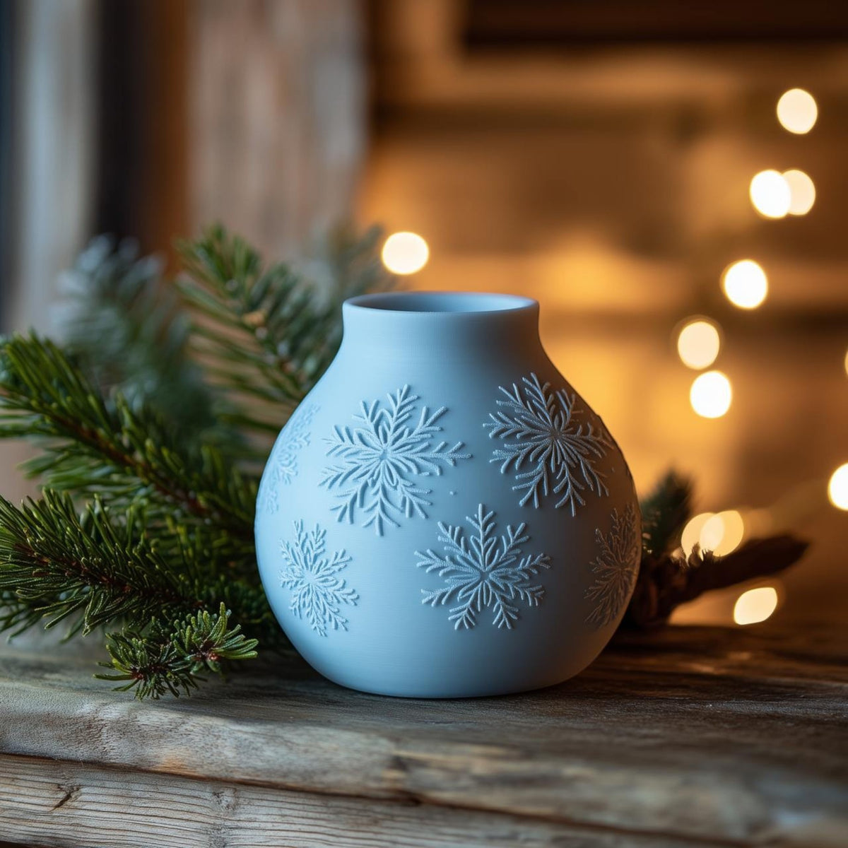 Magicland 3D light blue ceramic vase with embossed snowflake pattern, next to pine branches and bokeh lights.