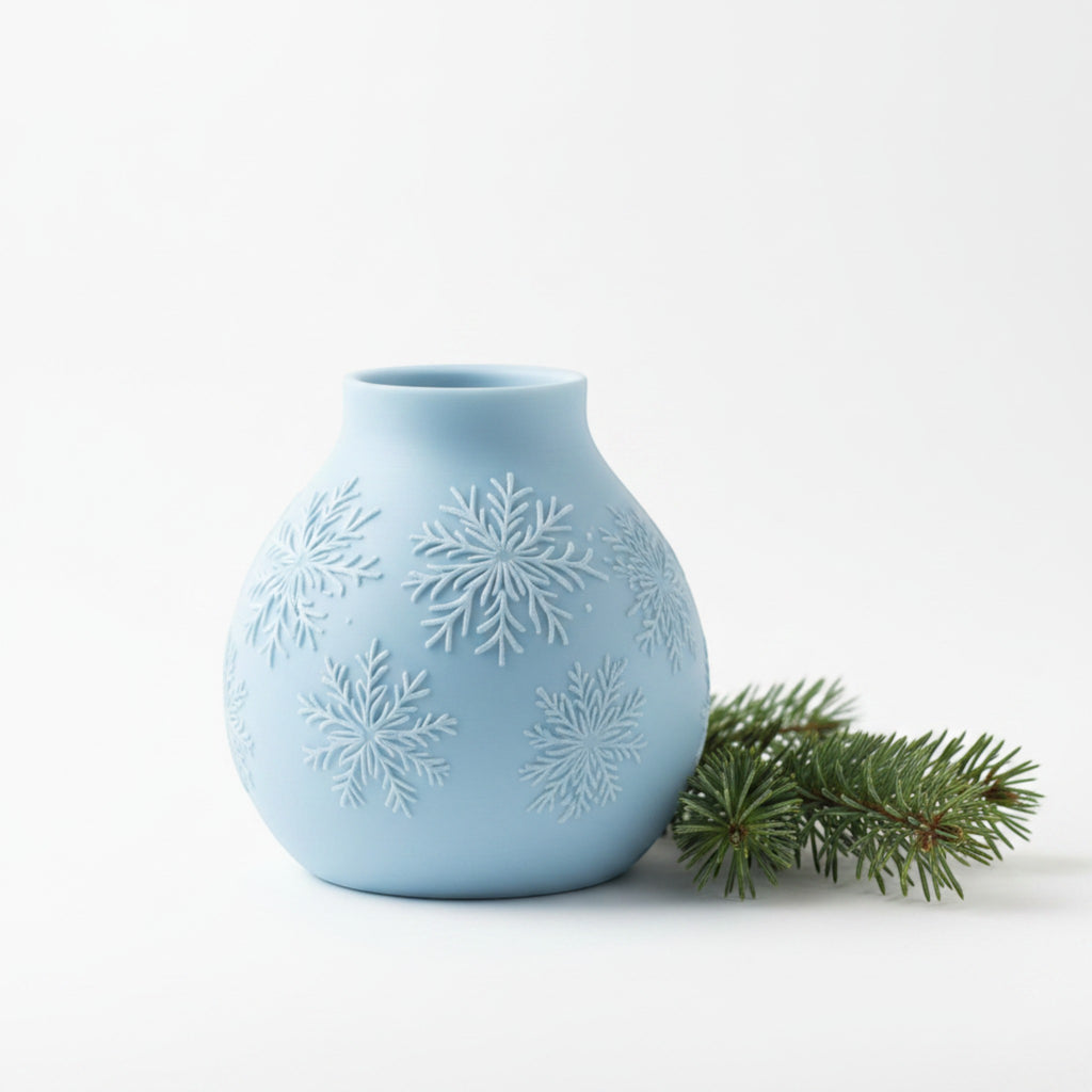 Magicland 3D light blue ceramic vase with embossed white snowflake pattern, perfect for winter decor.
