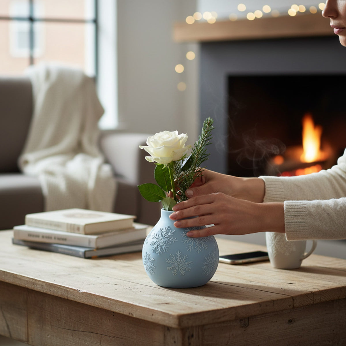 Magicland 3D light blue ceramic vase with embossed snowflake pattern, holding a white rose and pine sprig.