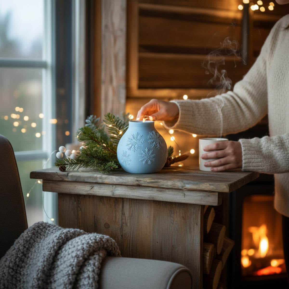 Magicland 3D light blue ceramic vase with snowflake pattern, decorated with pine branches and fairy lights.