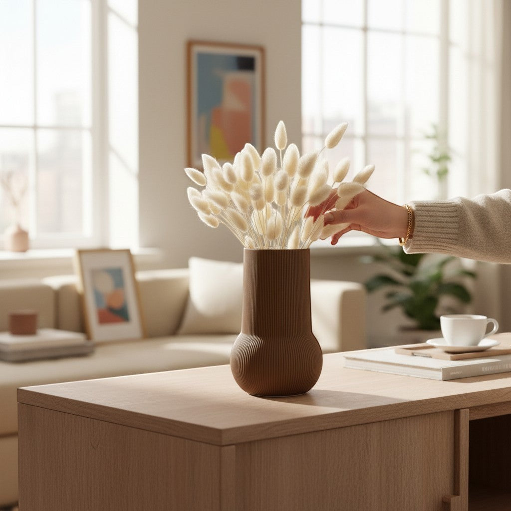 Magicland 3D brown ribbed ceramic vase with dried bunny tail grass on a wooden coffee table.
