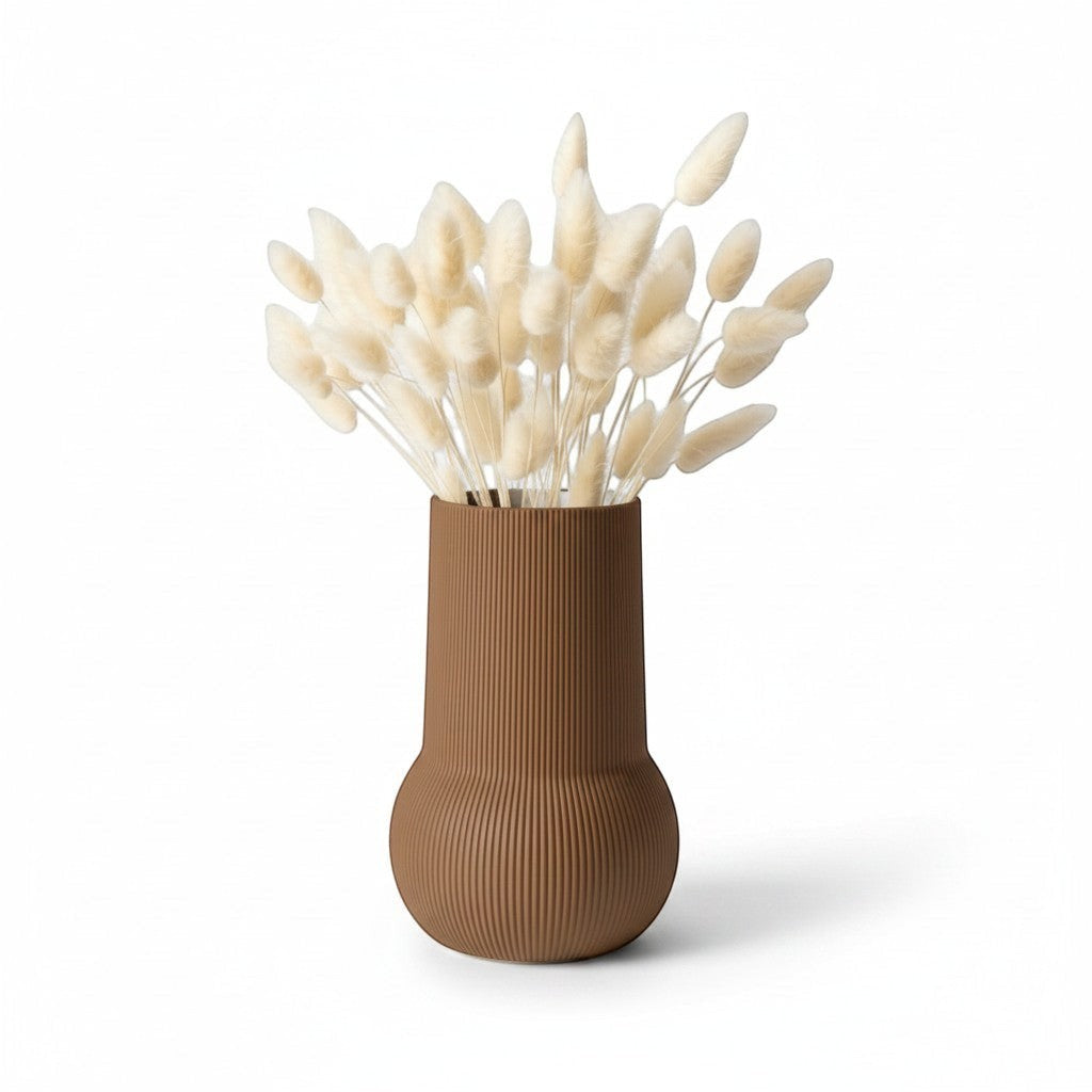 Magicland 3D decorative vase in matte brown with vertical ribbed texture and a rounded base, holding dried bunny tail grass.