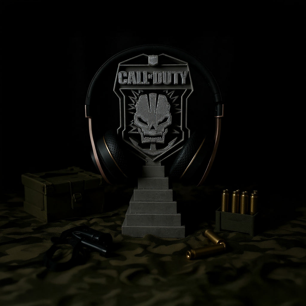 Magicland 3D Call of Duty themed headset stand with skull emblem and stairs, featuring headphones, ammo, and a crate.