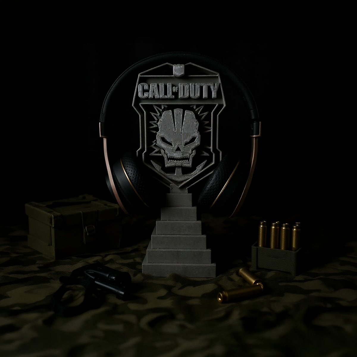 Magicland 3D Call of Duty themed headset stand with skull emblem and stairs, featuring headphones, ammo, and a crate.