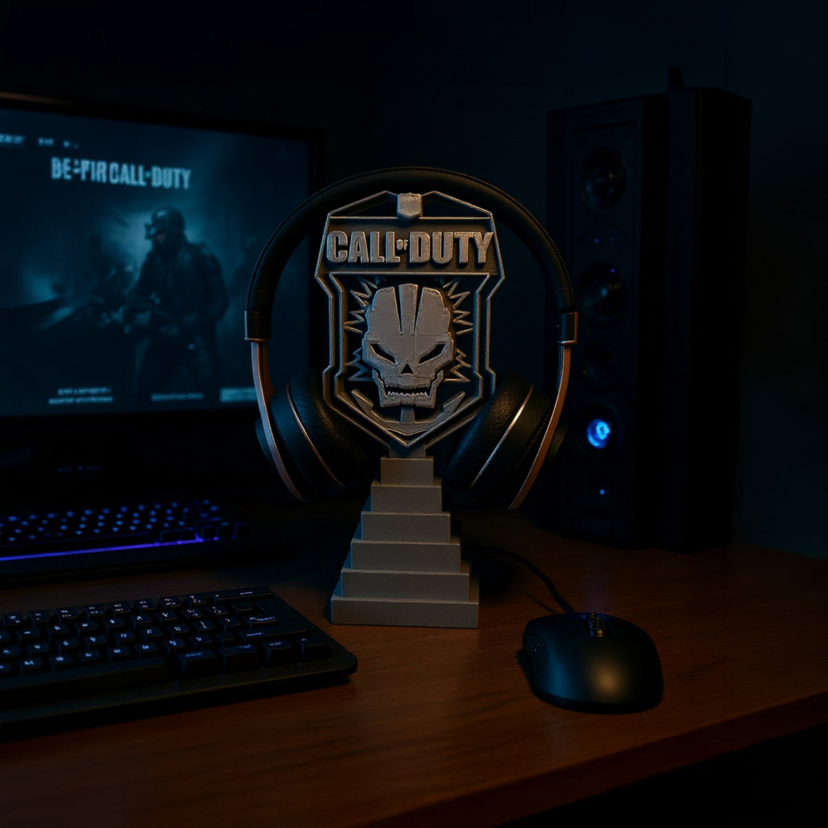 Magicland 3D Call of Duty themed headset stand with skull emblem, grey, gaming accessory