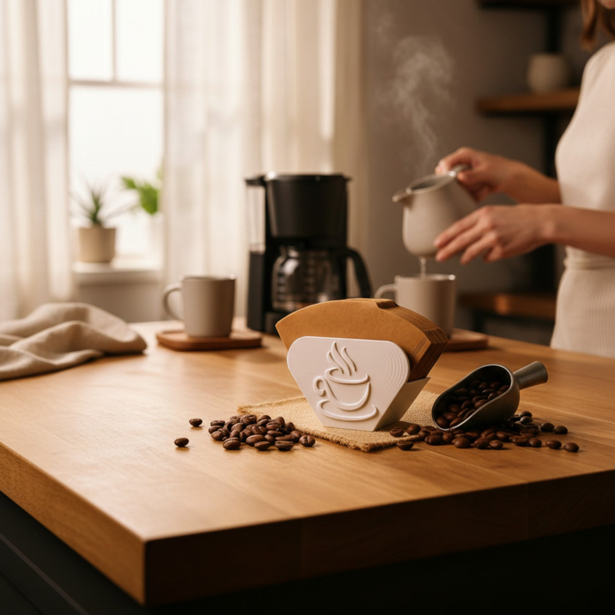 Magicland 3D white coffee filter holder with embossed coffee cup design, holding brown paper filters.