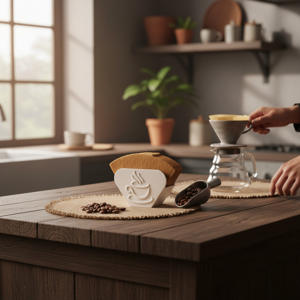 Magicland 3D white coffee filter holder with embossed coffee cup design, holding cone filters. Coffee beans and scoop nearby.