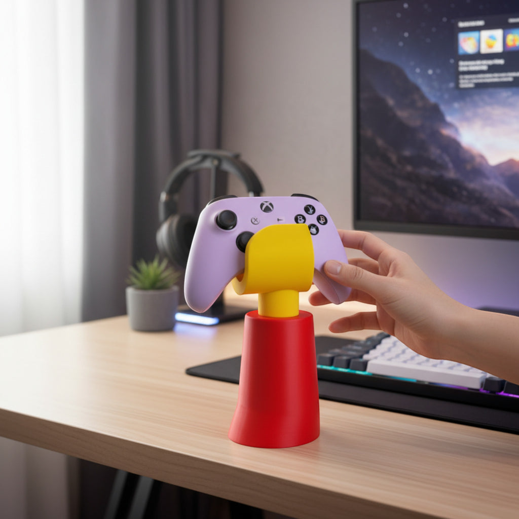Magicland 3D hand-shaped controller stand in red and yellow, holding a purple Xbox controller on a desk.
