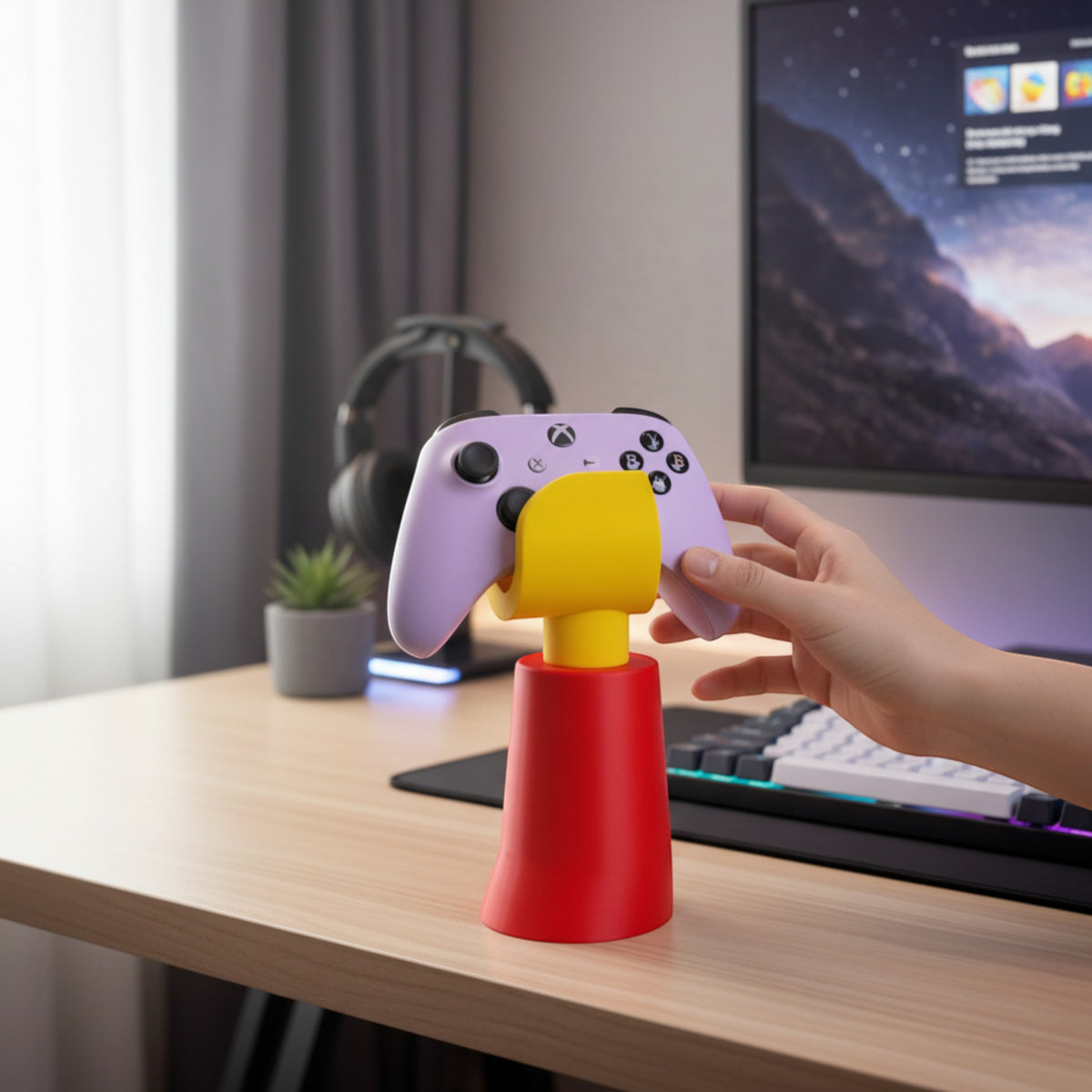 Magicland 3D hand-shaped controller stand in red and yellow, holding a purple Xbox controller on a desk.