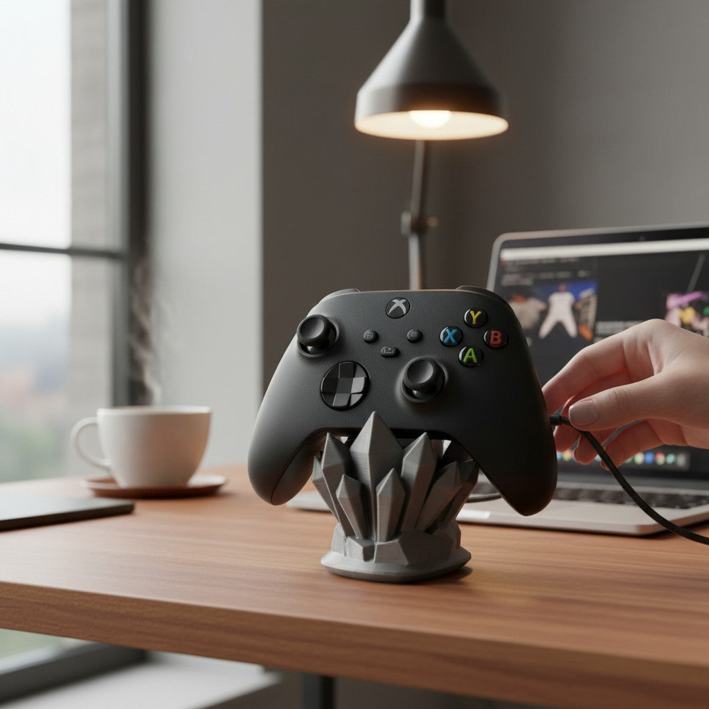 Magicland 3D crystal-shaped controller stand in silver, holding a black Xbox controller.