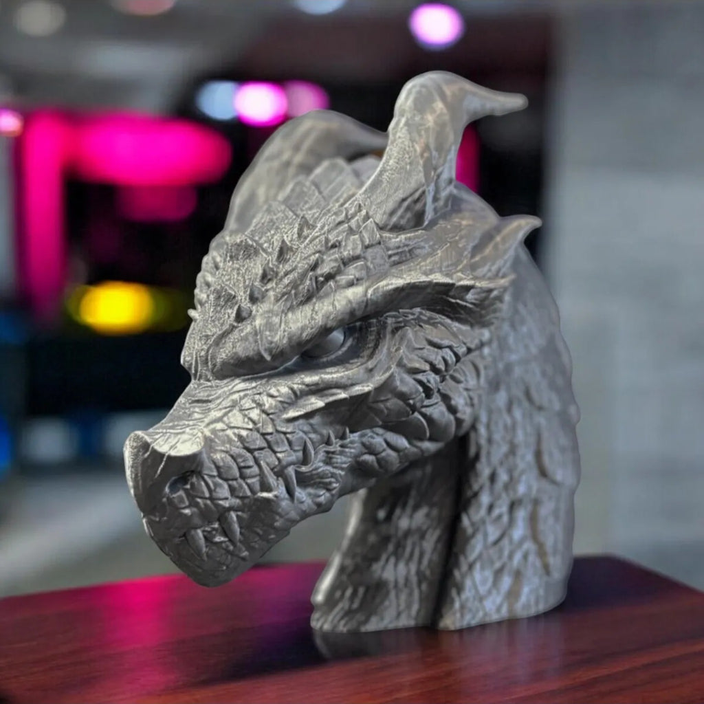 Magicland 3D grey dragon head headphone stand, detailed scales and horns, unique desk accessory.