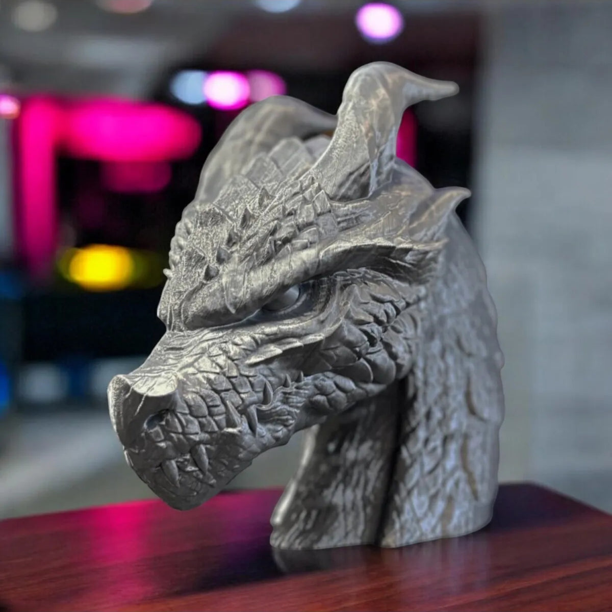 Magicland 3D grey dragon head headphone stand, detailed scales and horns, unique desk accessory.