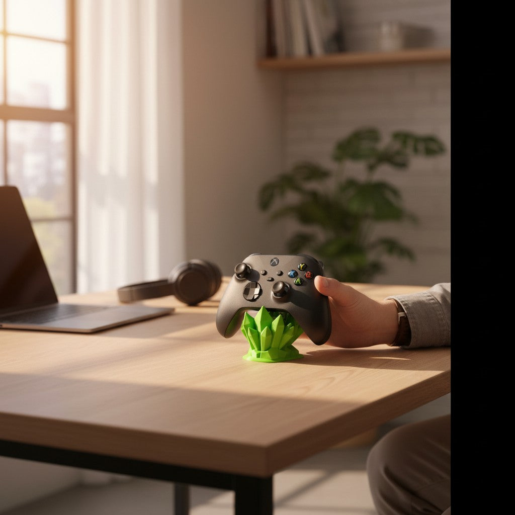 Magicland 3D green crystal controller stand holding a black Xbox controller.