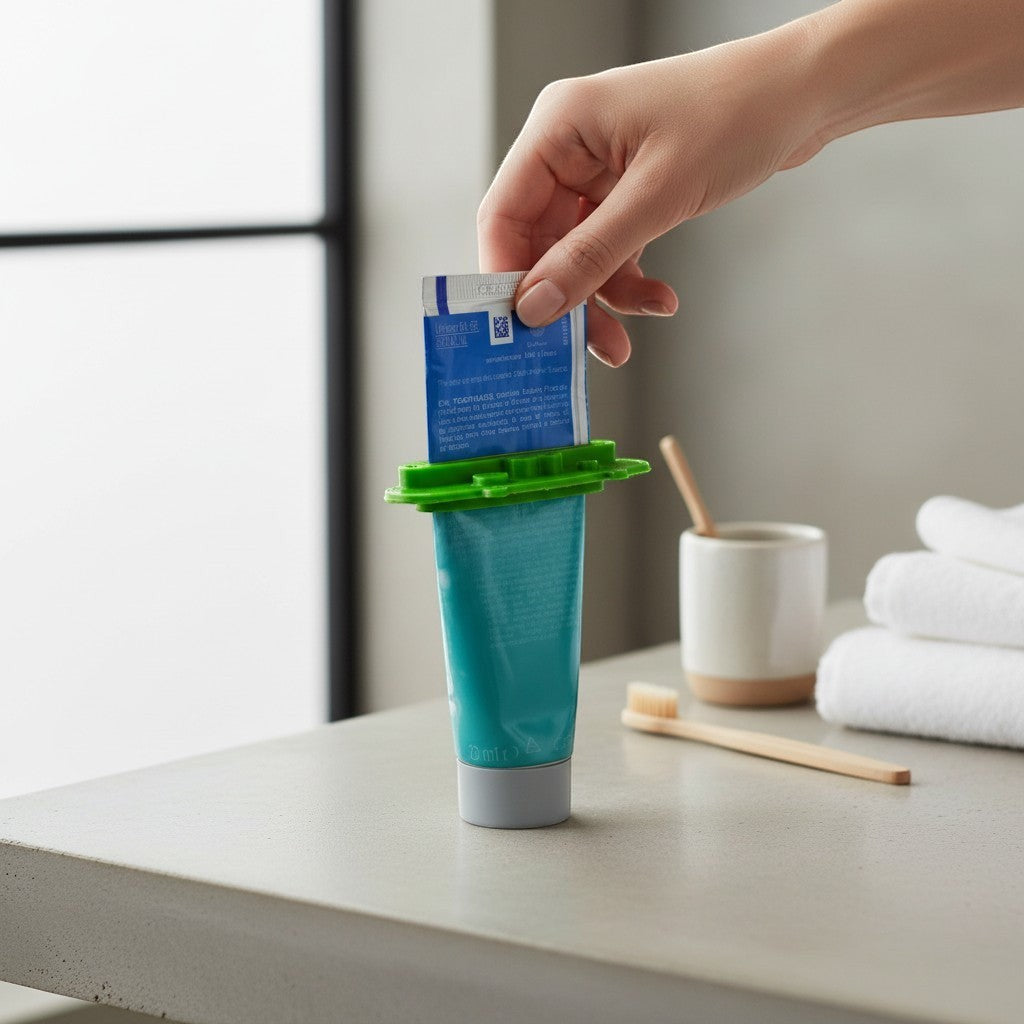 Magicland 3D green pig-shaped toothpaste dispenser holding a teal toothpaste tube on a bathroom counter.