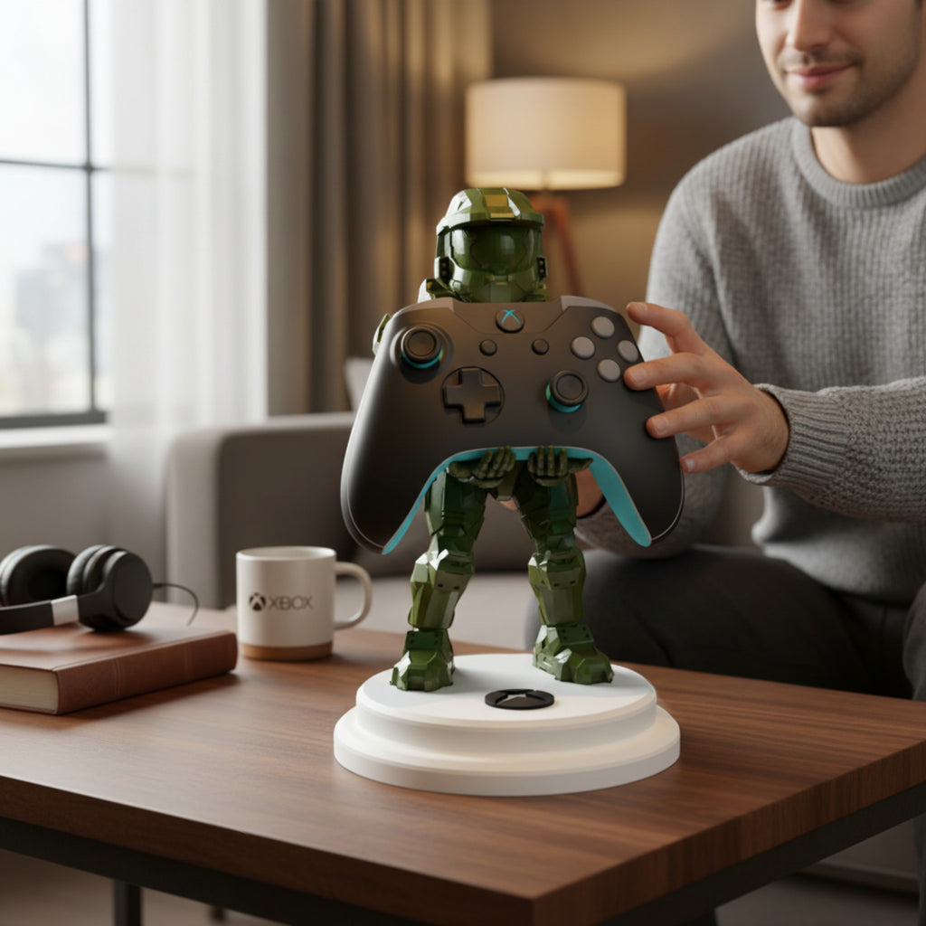Magicland 3D Halo Master Chief controller holder stand, green figure with black Xbox controller.