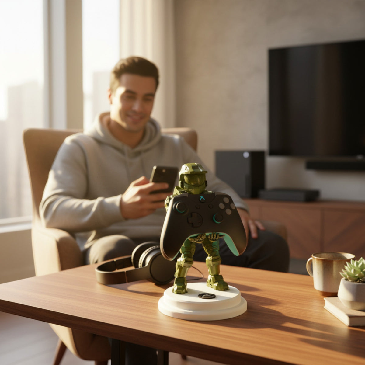 Magicland 3D Halo Master Chief figure holding an Xbox controller, a gaming accessory.