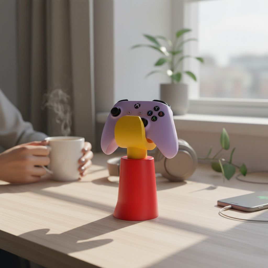 Magicland 3D hand-shaped controller stand in red and yellow, holding a purple game controller. A person drinks coffee nearby.