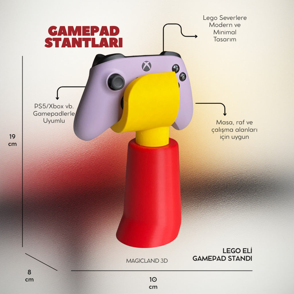 Magicland 3D red and yellow Lego hand-shaped gamepad stand holding a purple Xbox controller.