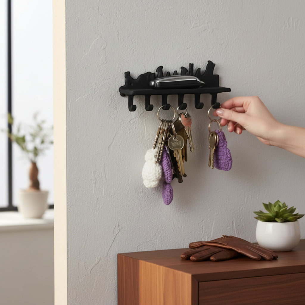 Magicland 3D black metal key holder with a silhouette of the Shire from Lord of the Rings, featuring 6 hooks and a small shelf.