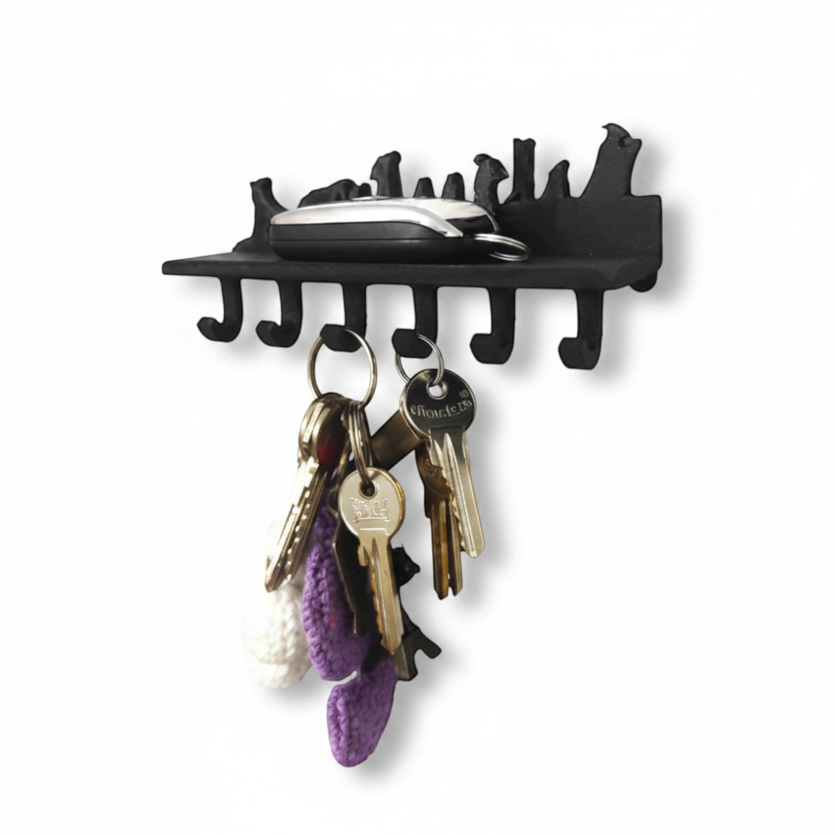Magicland 3D black metal wall mounted key holder with 7 hooks and a small shelf, featuring a Lord of the Rings silhouette.