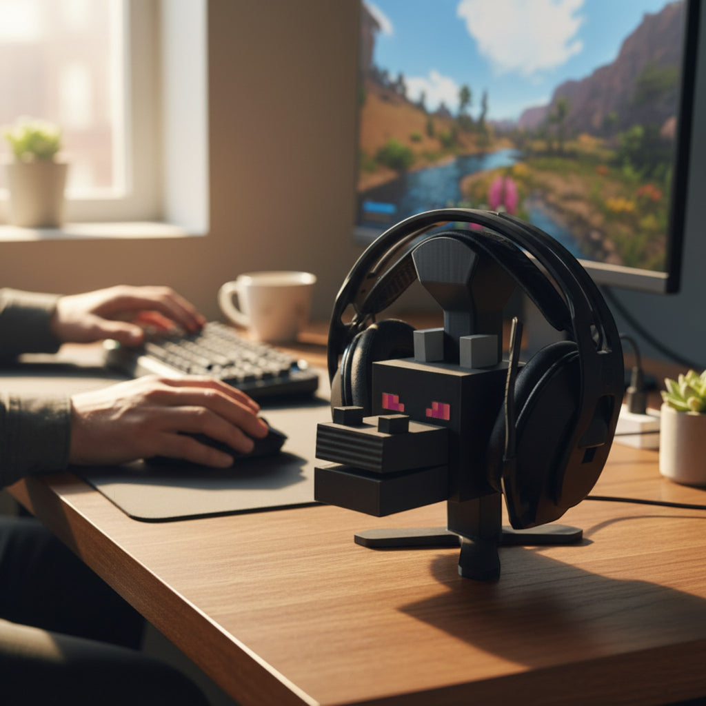 Magicland 3D Minecraft temalı Enderman kulaklık standı, oyun masasında kulaklıkları tutuyor.