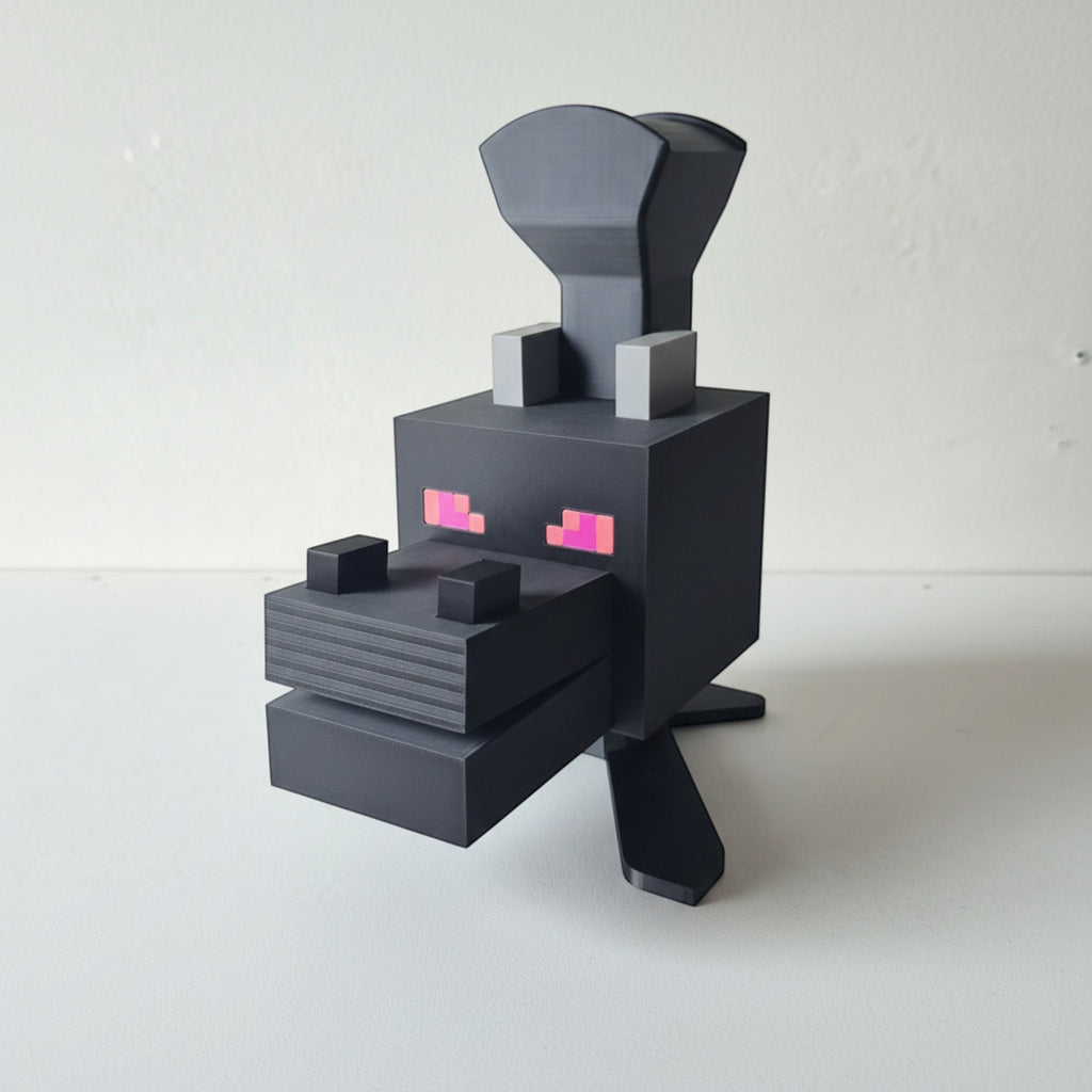 Magicland 3D Minecraft temalı siyah kulaklık standı, pembe gözlü ve gri detaylı.