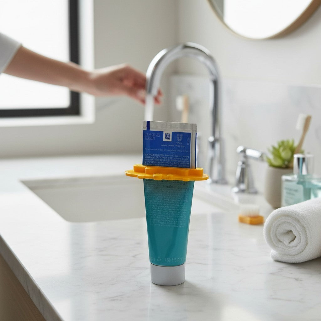 Magicland 3D yellow pig-shaped toothpaste squeezer holding a toothpaste tube on a bathroom counter.