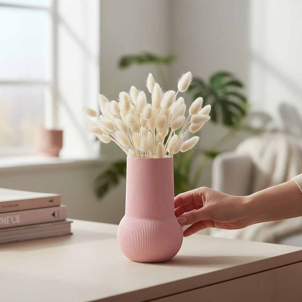 Magicland 3D pink ribbed ceramic vase holding dried bunny tail grass on a wooden table.