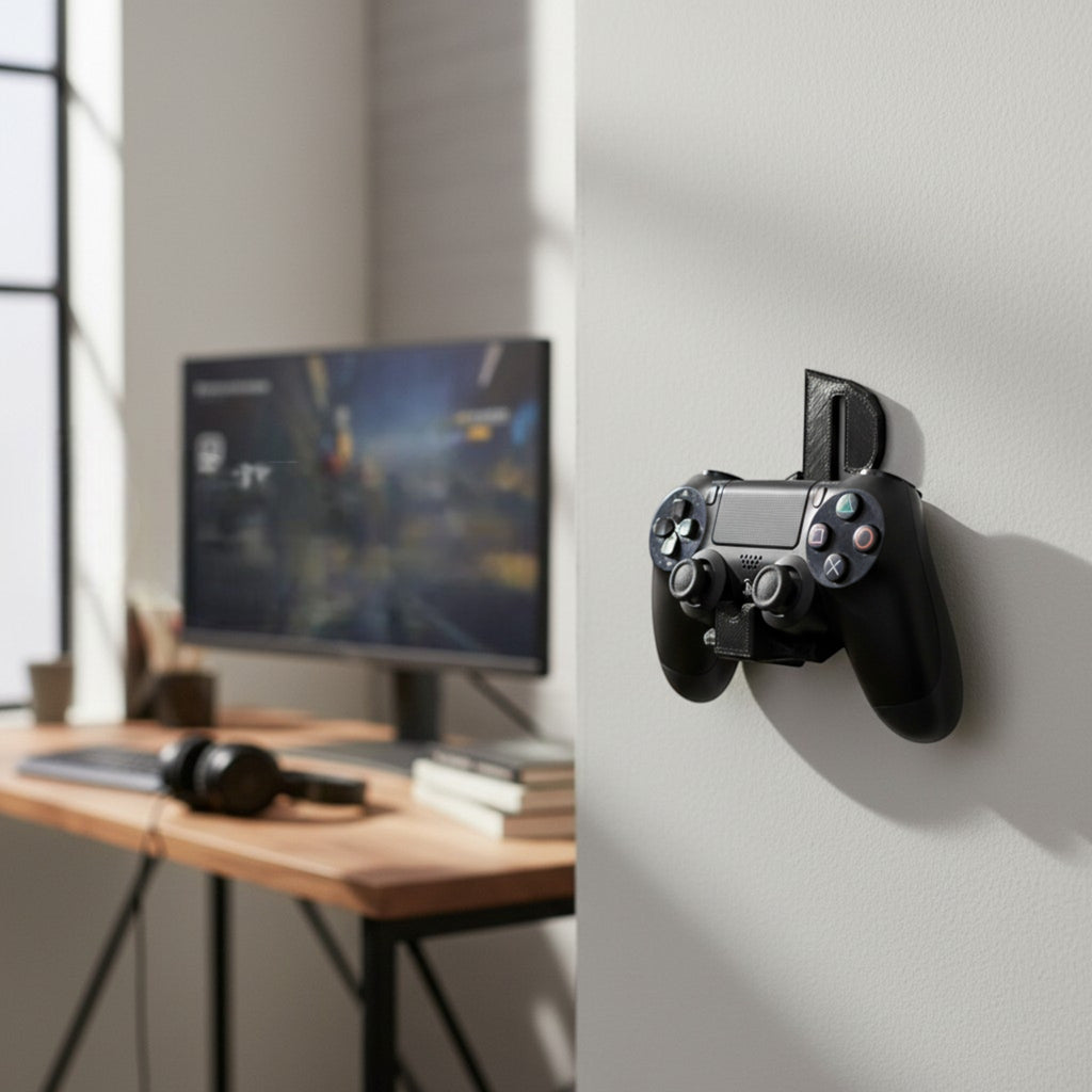 Magicland 3D black leather wall mount for Playstation PS4 controller, keeping gaming setup tidy.