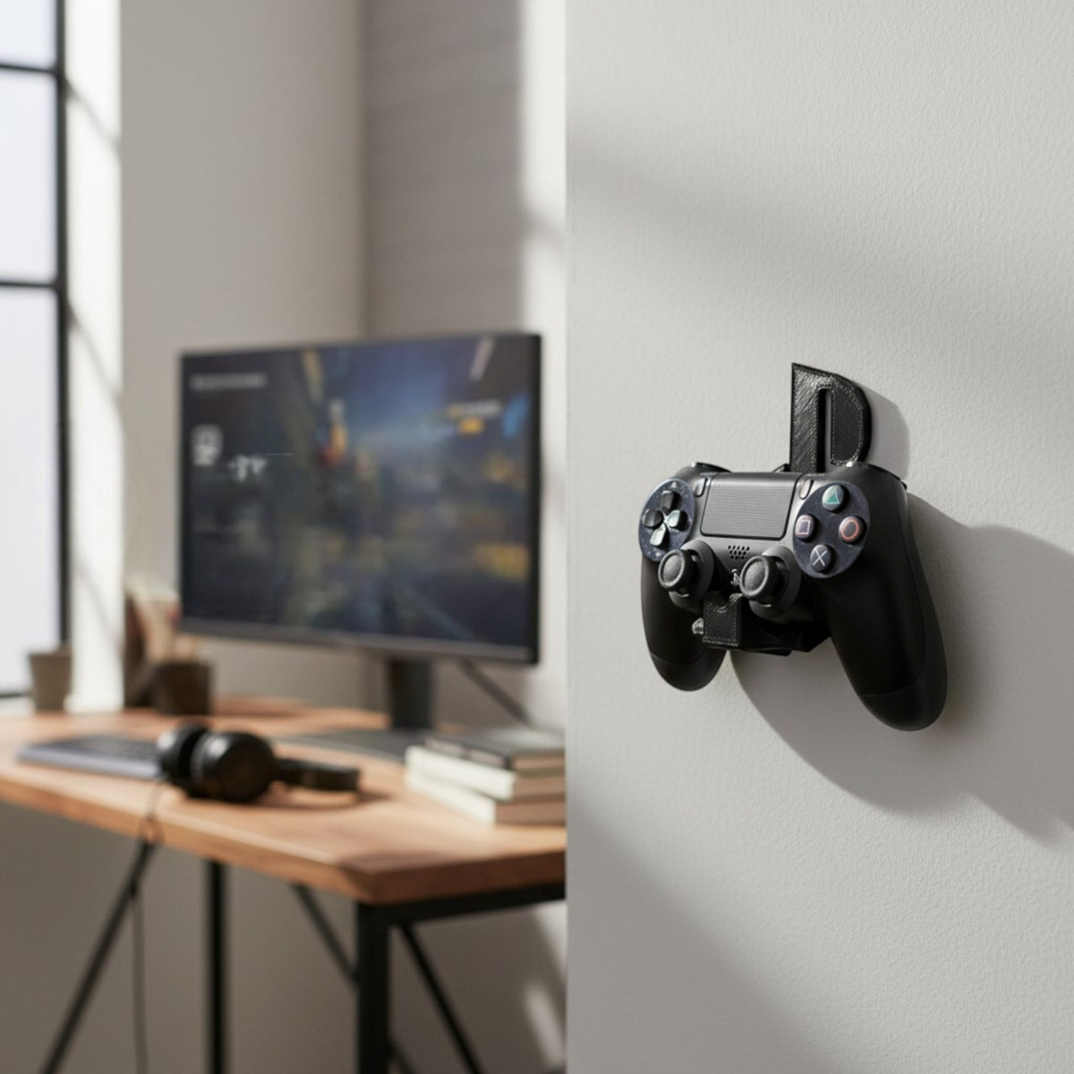 Magicland 3D black leather wall mount for Playstation PS4 controller, keeping gaming setup tidy.