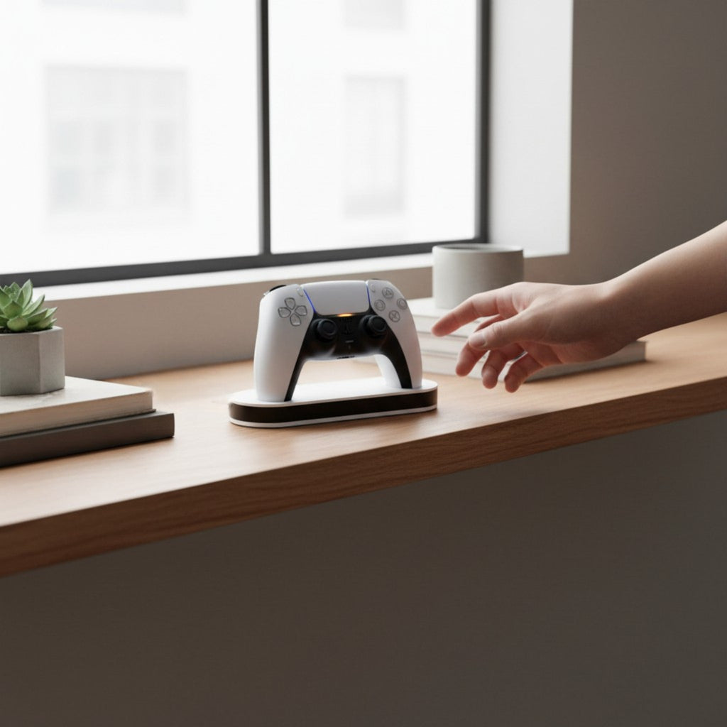 Magicland 3D white PS5 controller charging stand with blue and orange indicator lights on a wooden shelf.