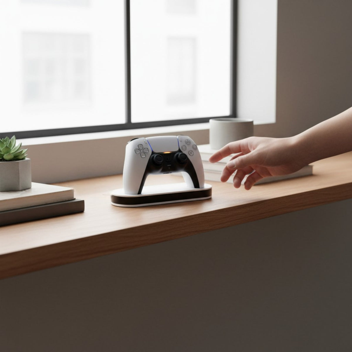 Magicland 3D white PS5 controller charging stand with blue and orange indicator lights on a wooden shelf.