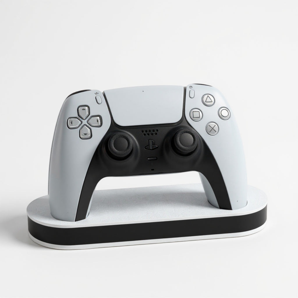 Magicland 3D white and black minimalist stand for PlayStation 5 controller.
