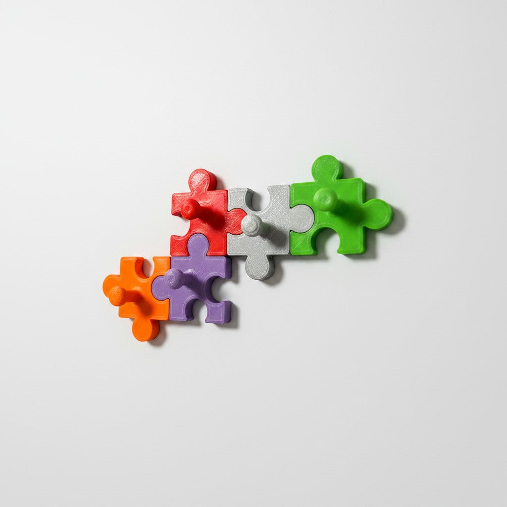 Magicland 3D puzzle piece wall hooks in red, purple, grey, orange, and green. Decorative and functional.