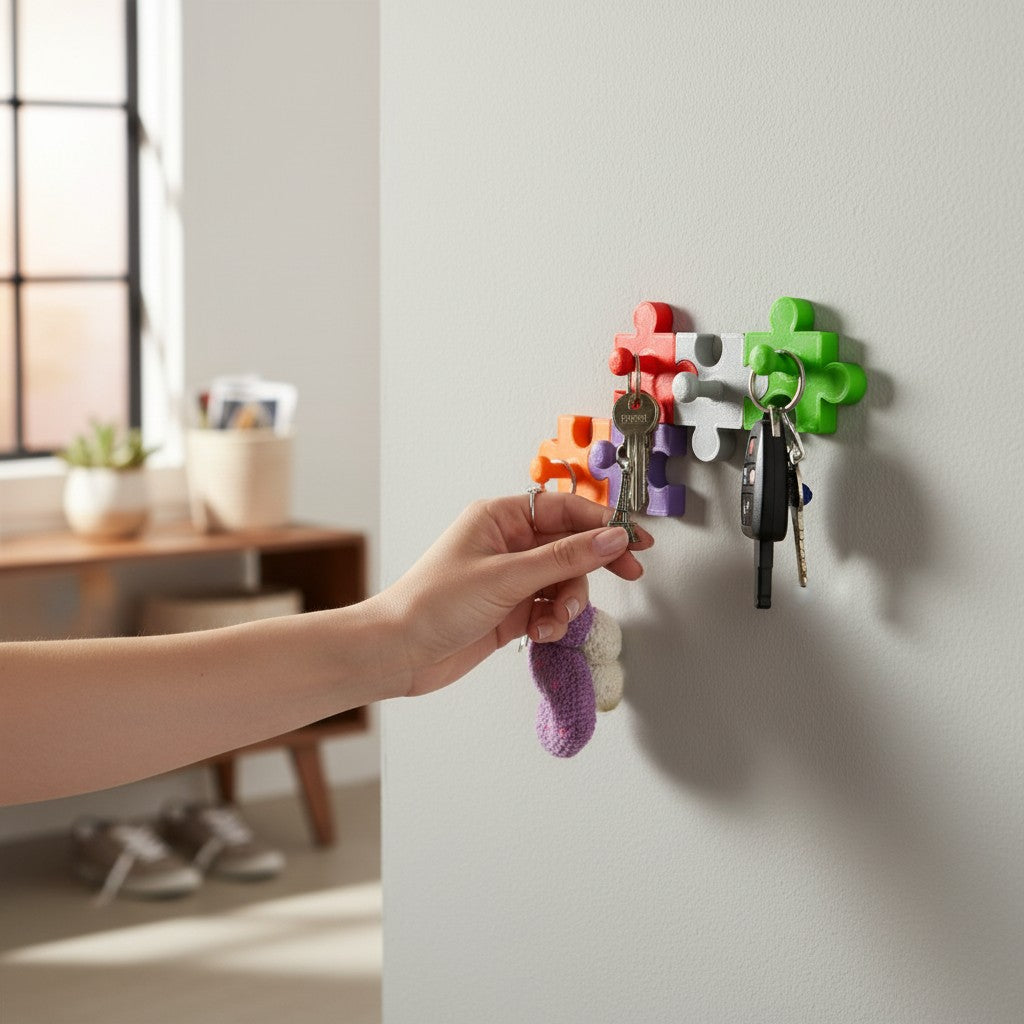 Magicland 3D colourful puzzle piece key holder with keys and a purple charm attached.