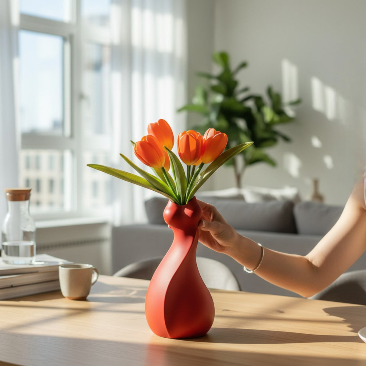 Magicland 3D red curved decorative vase holding orange tulips on a wooden table.