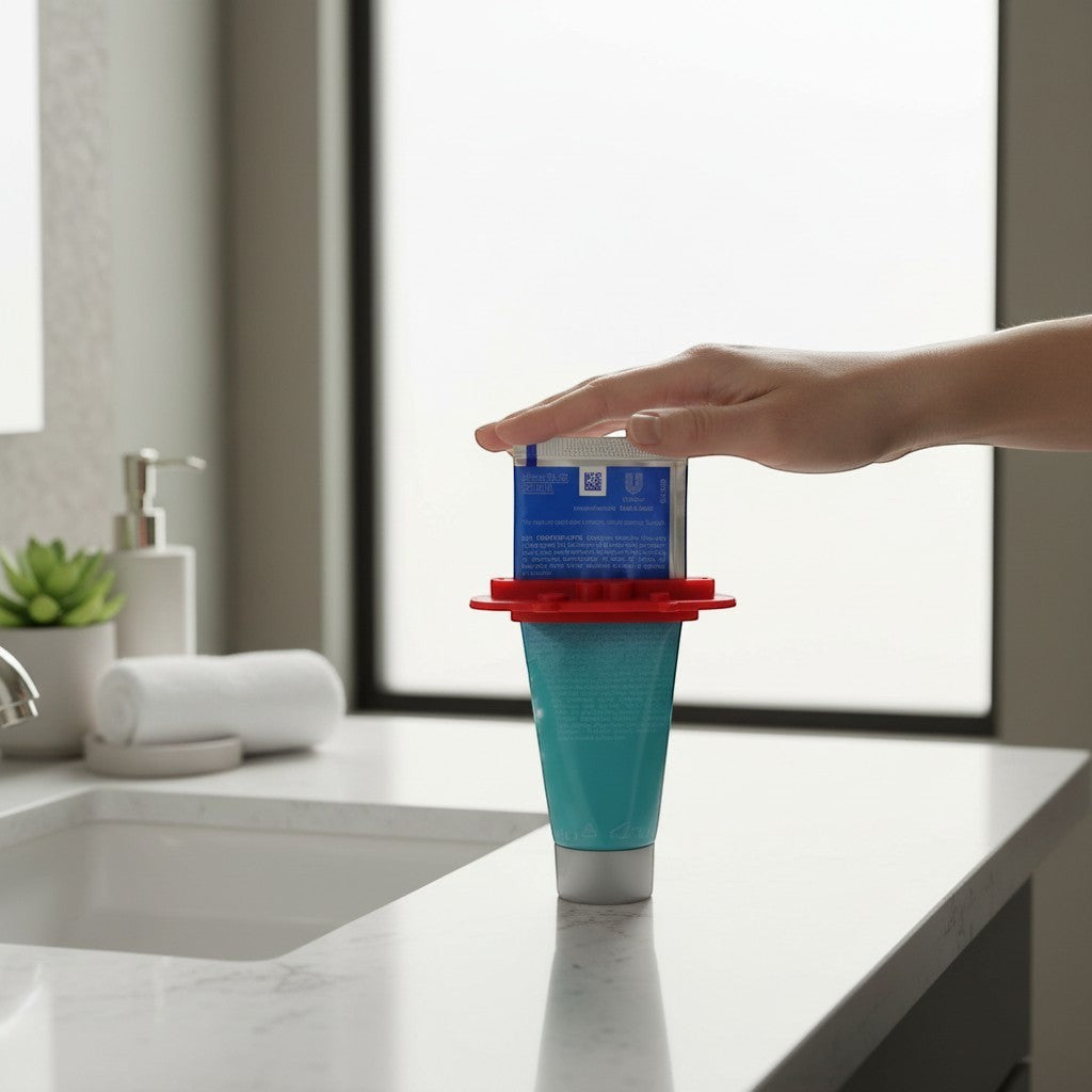 Magicland 3D red pig-shaped toothpaste squeezer holding a blue toothpaste tube in a bathroom.