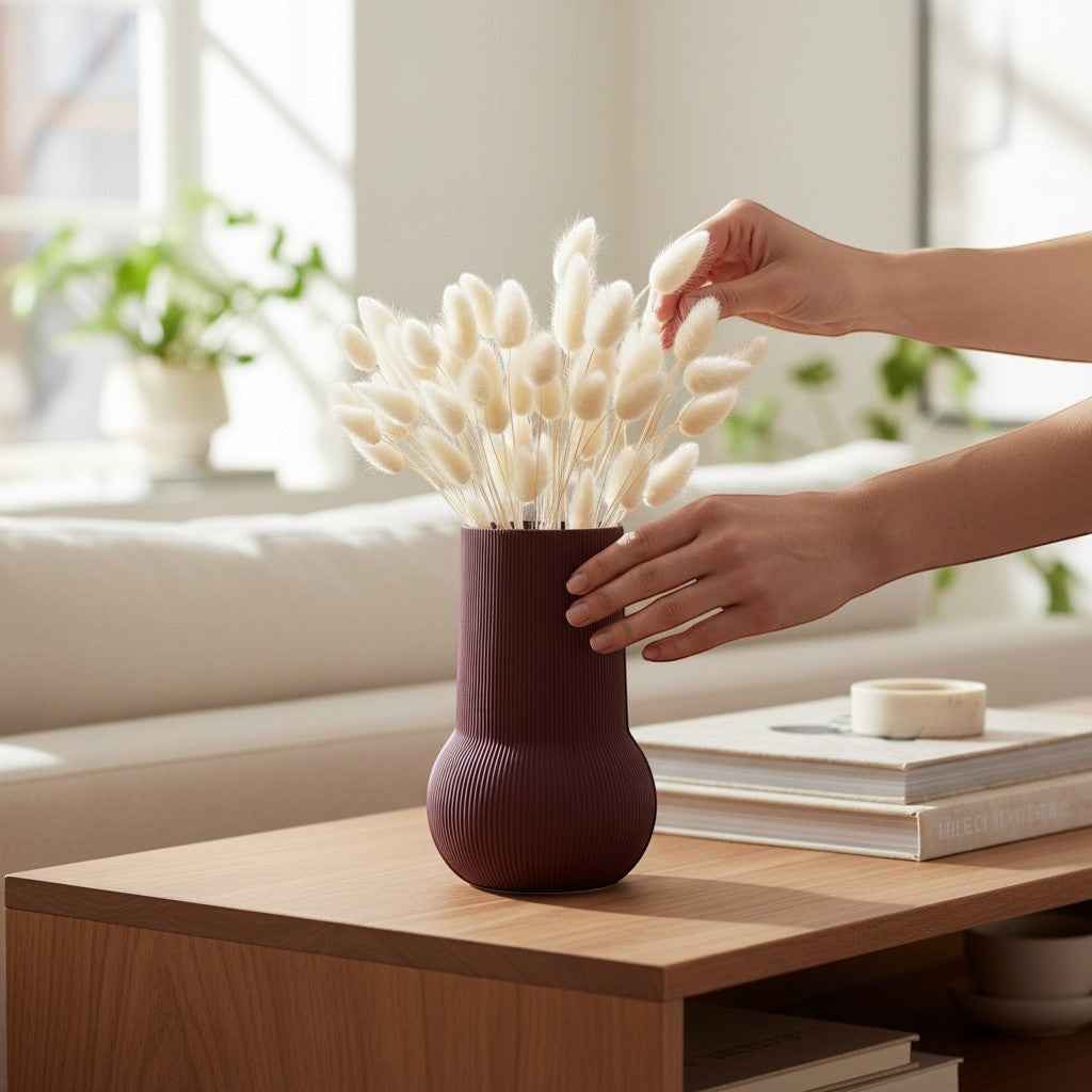 Magicland 3D decorative vase in deep red with ribbed texture, holding dried bunny tail grass.