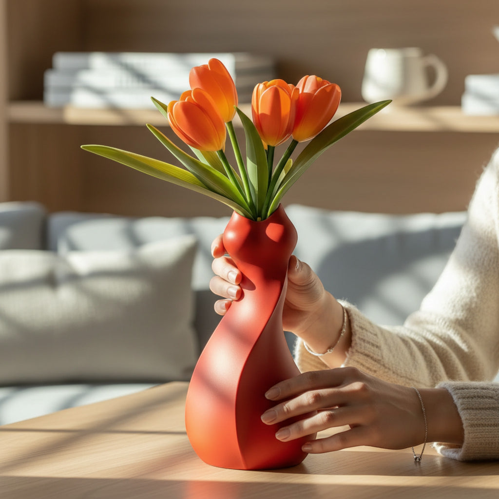 Magicland 3D red twisted decorative vase holding orange tulips on a wooden table.